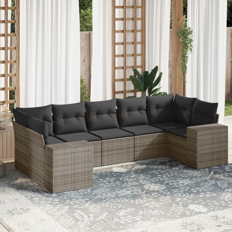 vidaXL Patio Sofa Set with Cushions Outdoor Furniture 7 Piece Poly Rattan - 24.4 x 32.7 x 27.2 in