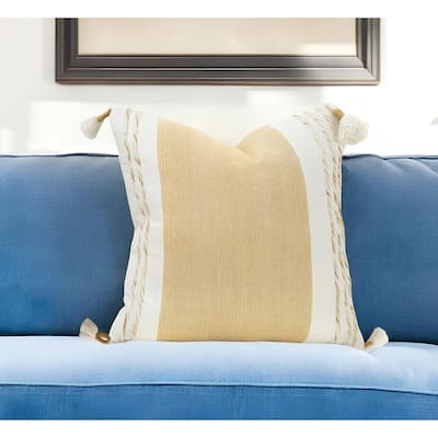 HomeRoots 20" Yellow and White Color Block Cotton Throw Pillow With Tassels