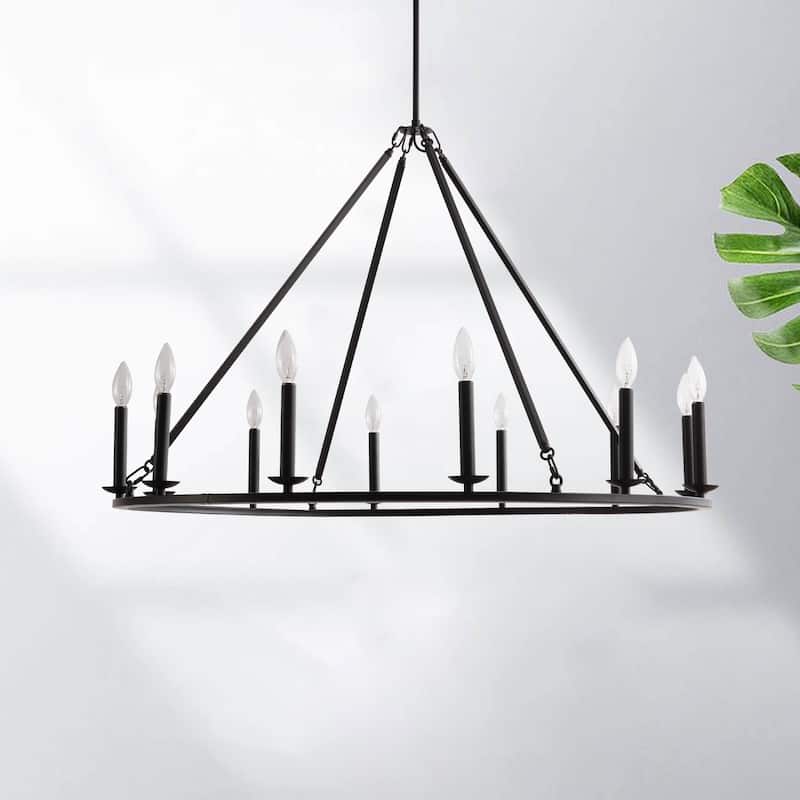 Eva 12-Light Antique Black Finish Metal Wagon Wheel Round Chandelier - Antique Black - 41.5 inches in diameter x 29 inches H