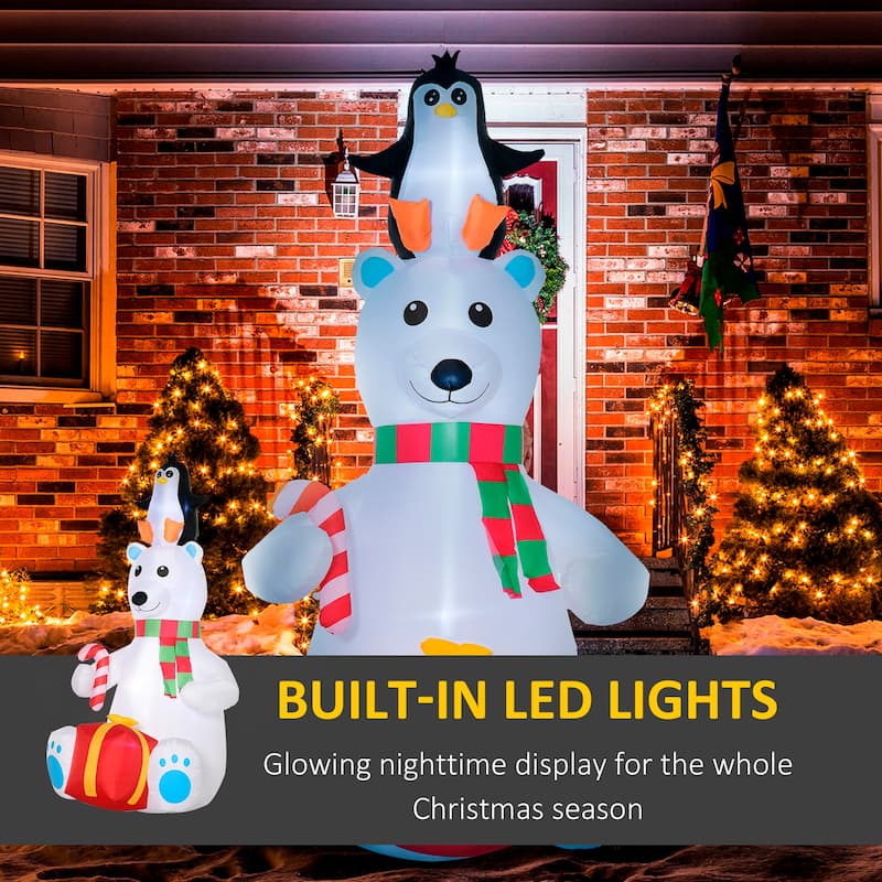 Outsunny 7ft Christmas Inflatable Polar Bear with Penguin on Head with Candy Cane and Gift Box, Blow-Up Outdoor LED Yard