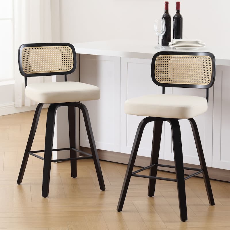 26"/29" Swivel Counter/Bar Stools with Black Bentwood Legs - Set of 2 - Cream-Rattan Back - Counter Height