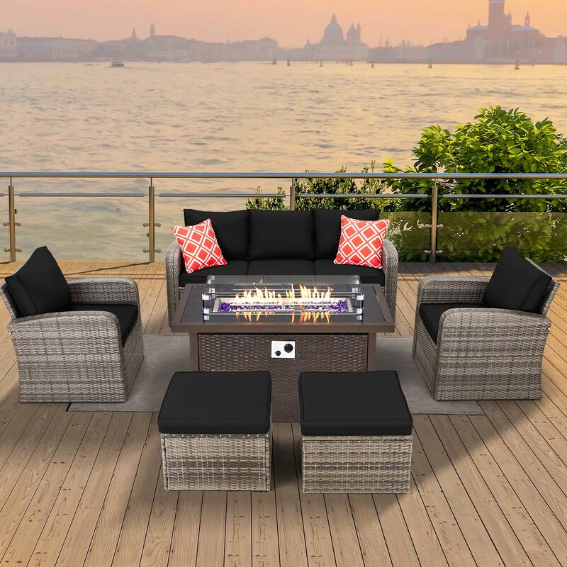 6-Piece Rattan Patio Set with Fire Pit Table, Outdoor Conversation Set with Cushions, Weather-Resistant Sofa Sectional - With Fire Pit Table - Black