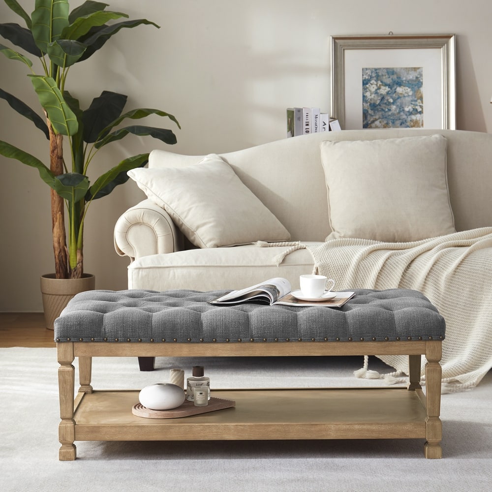 Tufted Upholstered Coffee Table Ottoman with Wooden Shelf, Fabric Bench for Living Room