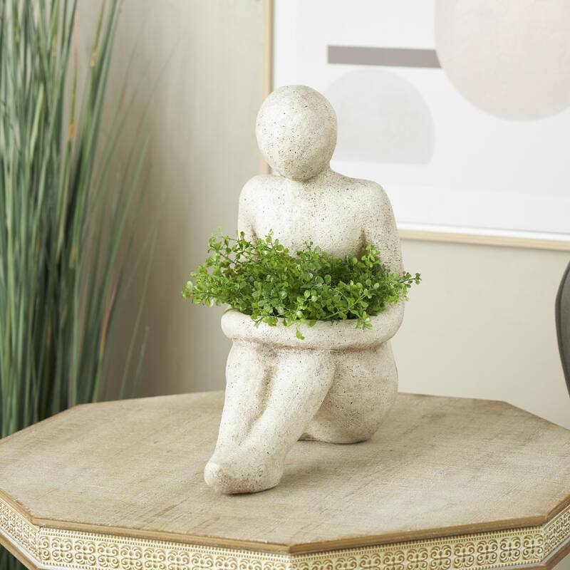 Cream Polystone Sitting People Indoor Outdoor Planter - 8"W x 16"L x 17"H