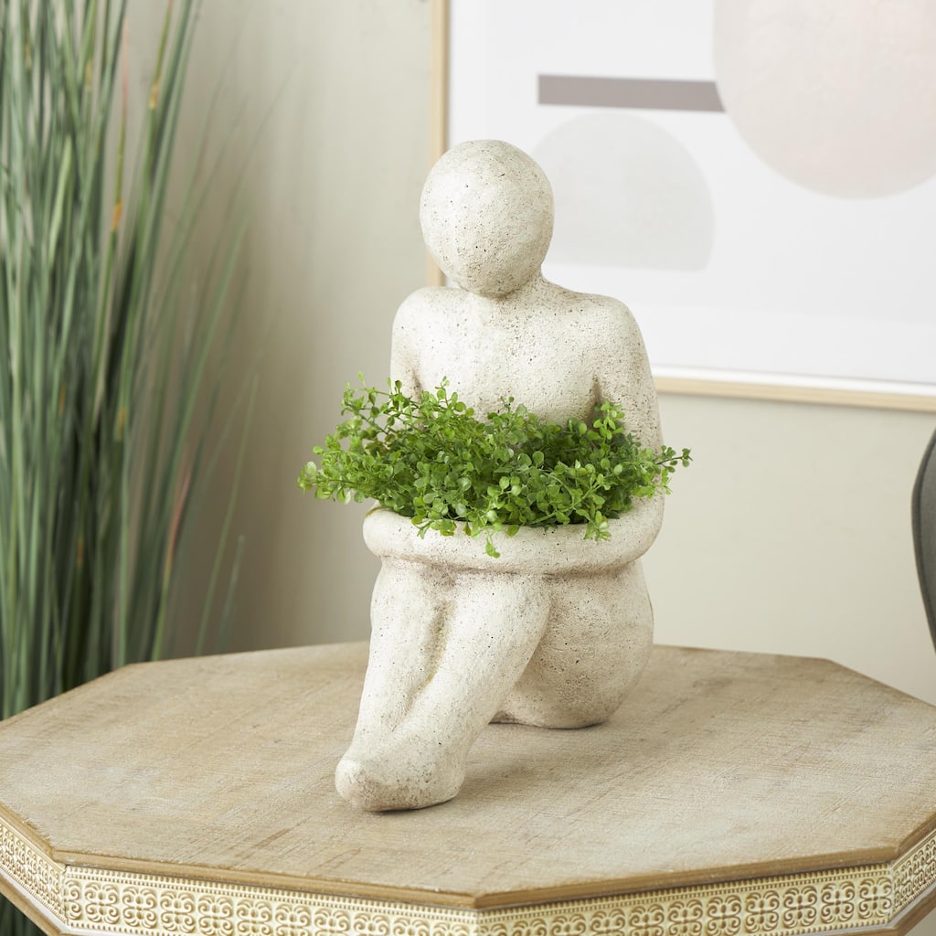 Cream Polystone Sitting People Indoor Outdoor Planter - 8"W x 16"L x 17"H