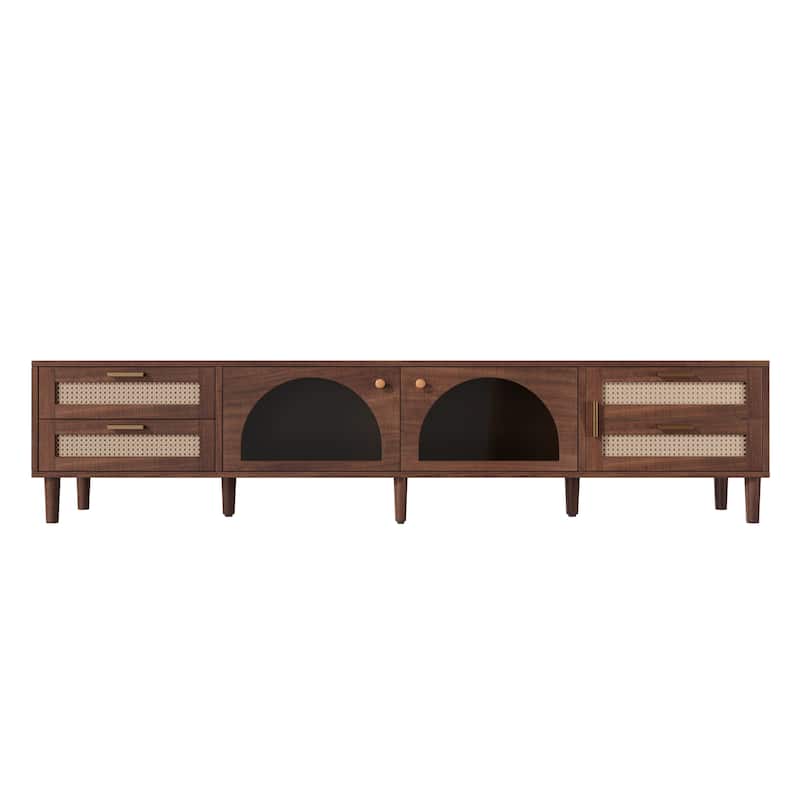 Mid-Century Modern LED TV Stand for TVs up to 90", Rattan Media Console Entertainment Center with App Controlled LED Lights