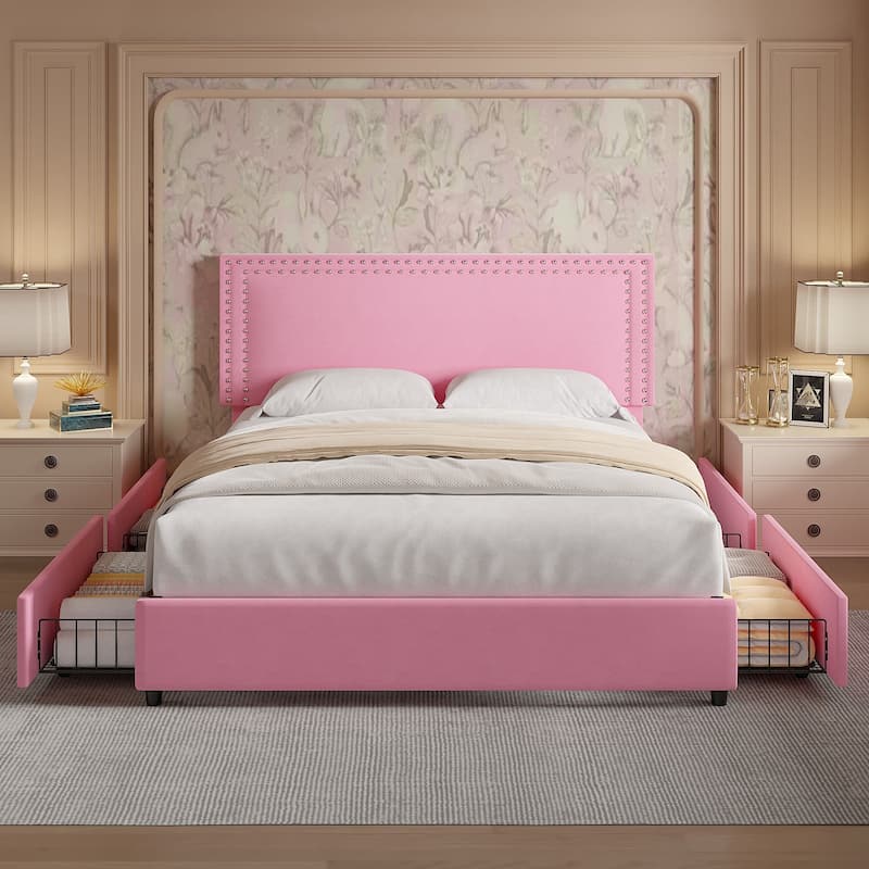 VECELO Upholstered Storage Bed Frames with 4 Storage Drawers Platform Bed Frame with Adjustable Velvet Rivets Headboard - Pink - Full