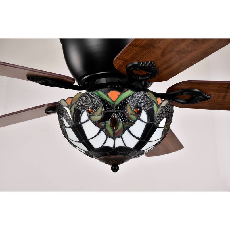 Apgrie 52-Inch Flushmount Lighted Ceiling Fan Warm Tones Tiffany Glass Lamp Black Finish