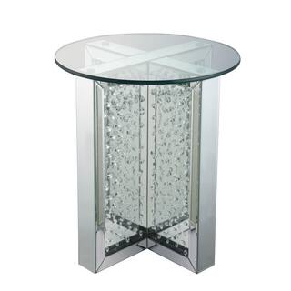 Round Mirrored Metal End Table with Glass Top and Crystal Accent Base, Silver