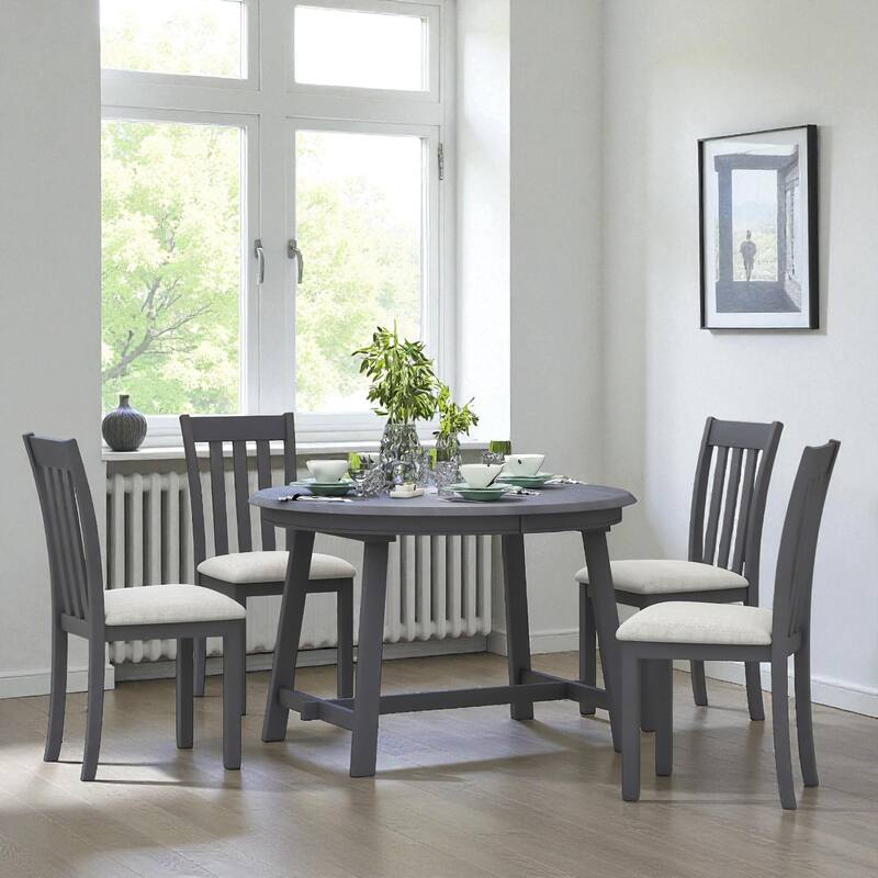 5-Piece Round Extendable Dining Table Set, 41.4"-56.6" Wood Table with 4 Upholstered Chairs for Dining Room