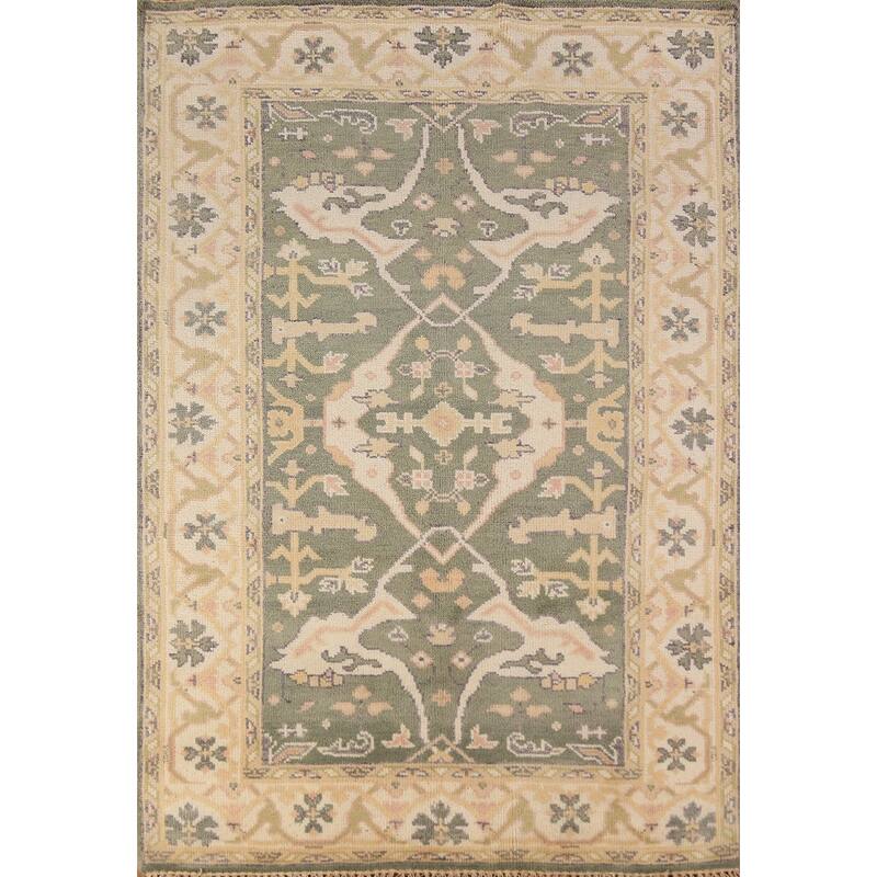 Green Oushak Oriental Rug Transitional Hand-Knotted Wool Carpet - 4'2"x 6'2"