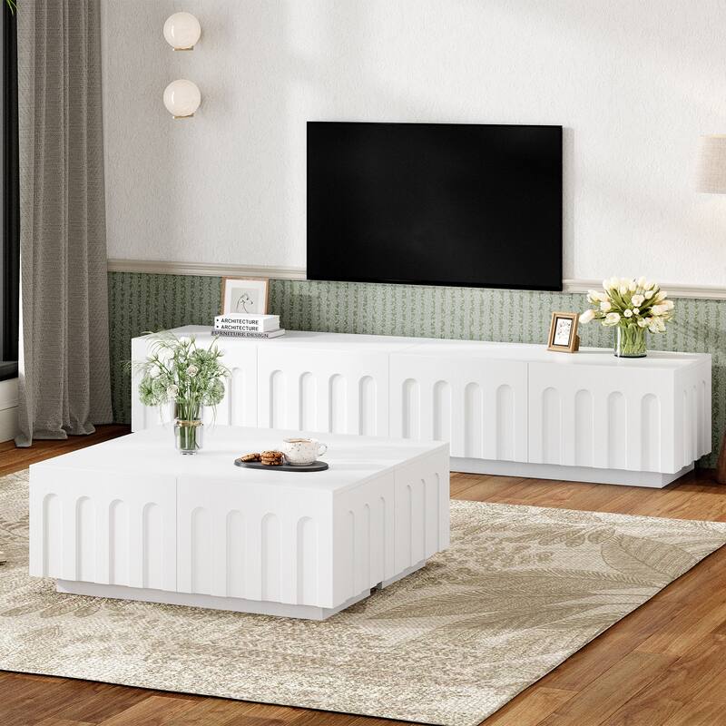 80" TV Stand with Arched Design - Modern Coffee Table & Storage Cabinet, 4 Drawers, Multi-Functional - White - Set of 2