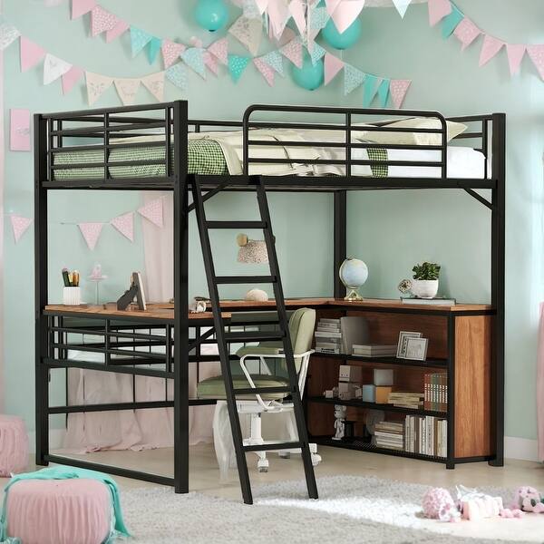 slide 2 of 26, Full Size Metal Loft Bed with 3 Layers of Shelves and L-shaped Desk Black