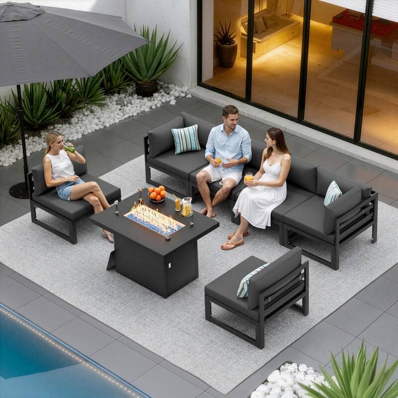7 Piece Aluminum Patio Furniture Set with Fire Pit Propane/Gas, 29 inch Deep Wide Seat Aluminum Outdoor Sectional