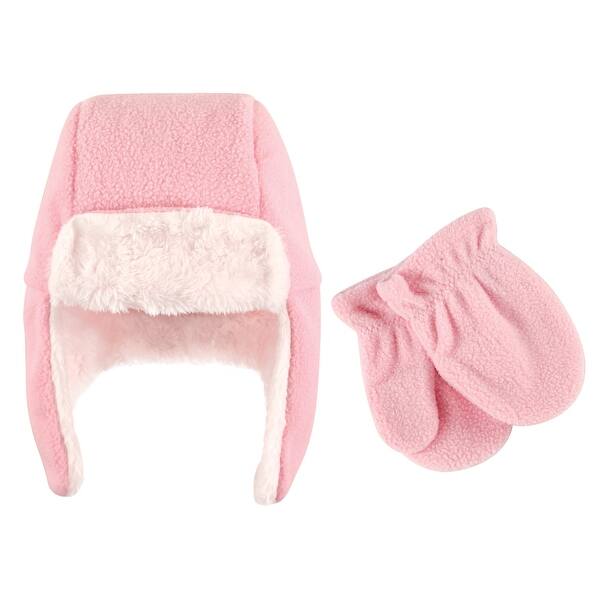 slide 1 of 1, Hudson Baby Infant Girl Fleece Trapper Hat and Mitten 2pc Set, Light Pink Light Pink Baby - 0-6 Months