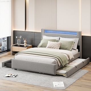 Teddy Fleece Upholstered Wingback Bed Frame wPull-out Trundle Bed, LED Light Bars and 2 Drawers, Modern Platform Bed for Bedroom
