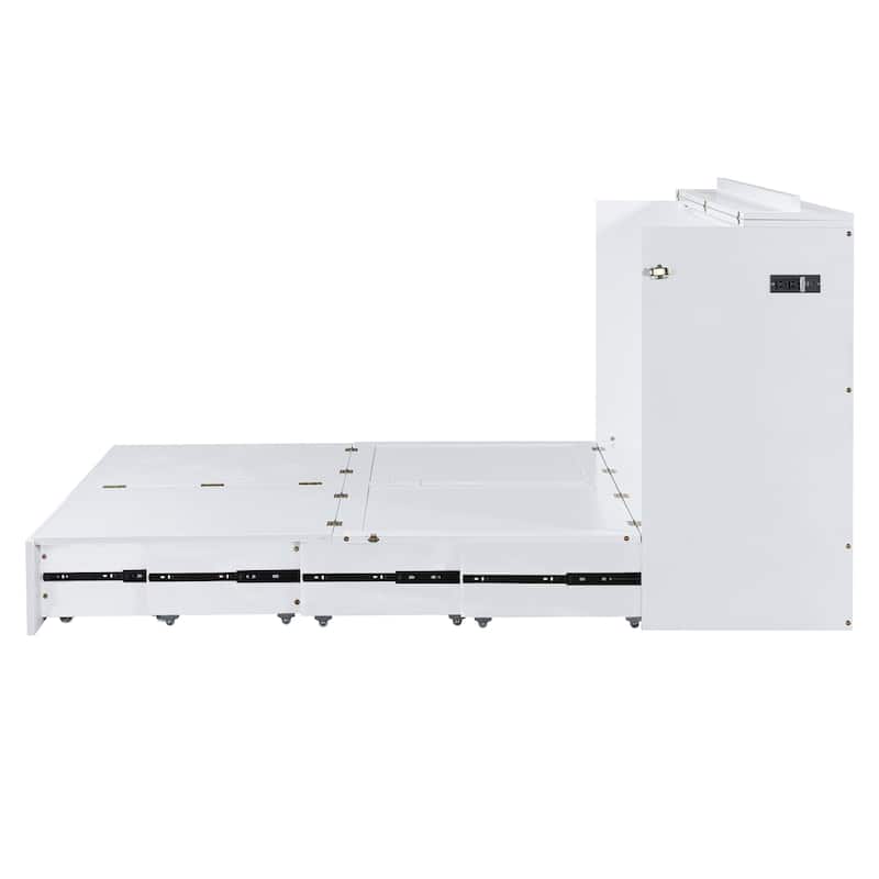 Queen Size Murphy Bed with Pulley System, Storage Drawer, USB Ports, and Sockets, Space-Saving