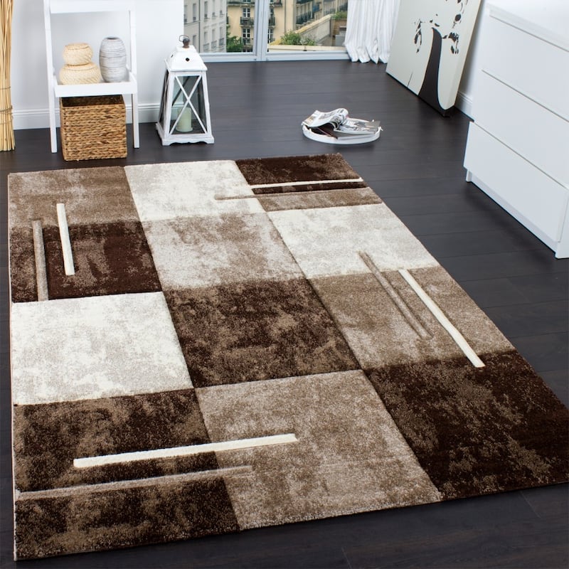 Modern Designer Area Rug Checkered with Contour Cut - 2'8" x 9'10" - Brown-beige