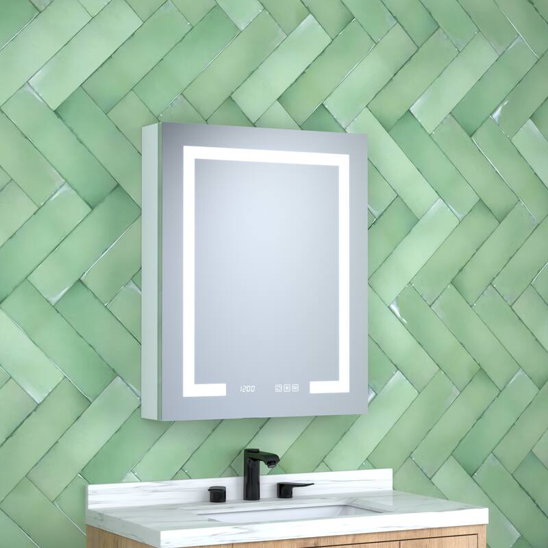 GDFStudio - Delmar Modern Aluminum LED Lighted Medicine Cabinet with Mirror Anti Fog and Digital Clock