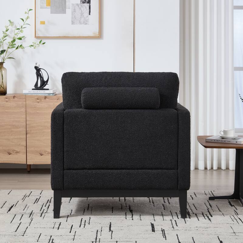 Modern Accent Chair with Wood Base, Boucle Upholstered Armchair with 2 Bolster Pillows, Single Sofa Chair for Living Room