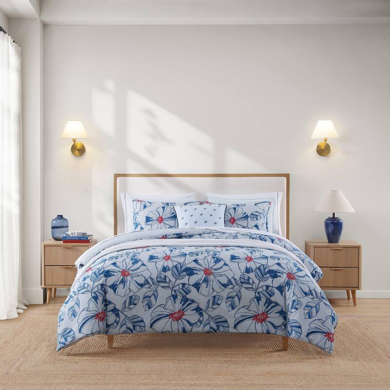 Tommy Hilfiger Paradise Cove Comforter Tropical Floral Cotton Reversible Quilted (Dream Blue, 3 Piece)