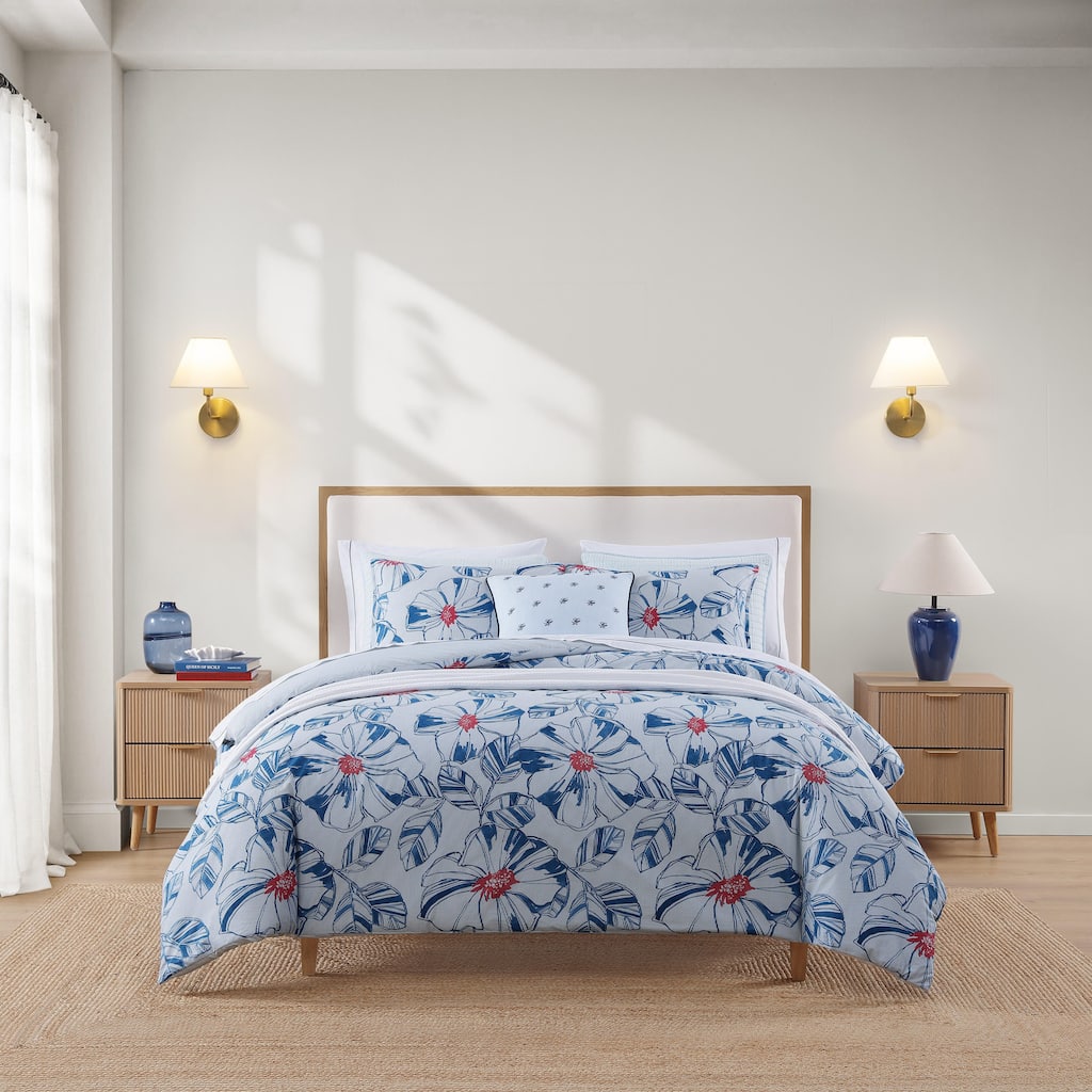Tommy Hilfiger Paradise Cove Comforter Tropical Floral Cotton Reversible Quilted (Dream Blue, 3 Piece)