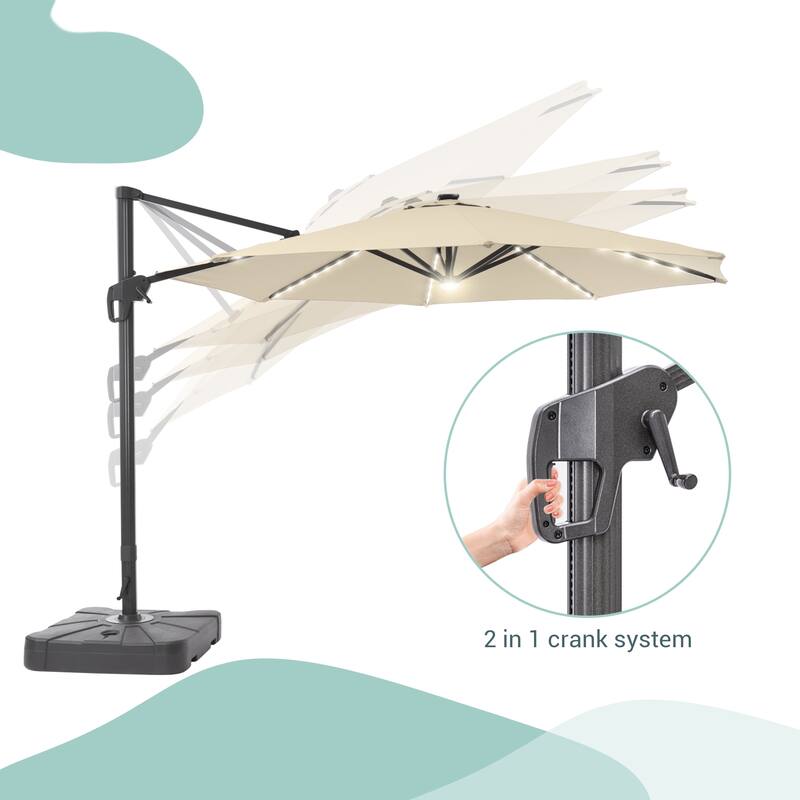 LIVOOSUN 11Ft Aluminum LED Patio Cantilever Offset Umbrella With Base