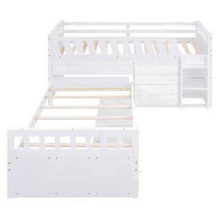 L-Shaped Space-Saving Twin Loft and Twin Platform Bed with 7 Drawers and Full Guardrails, Wooden Bedframe for Boys Girls, White