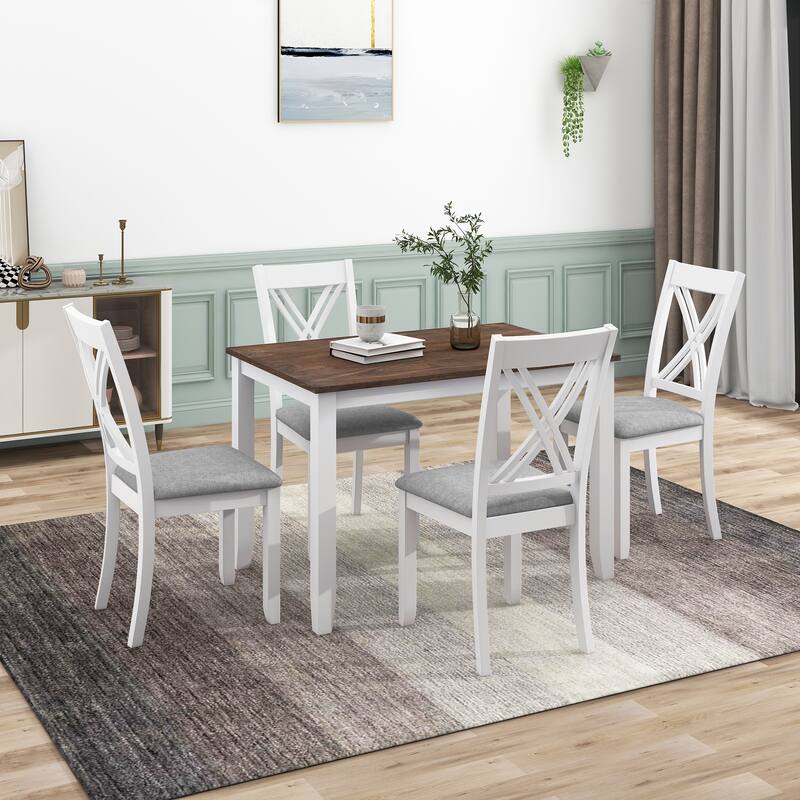 White Rustic 5-Piece Wooden Dining Table Set with Rectangular Table & 4 Chairs - White