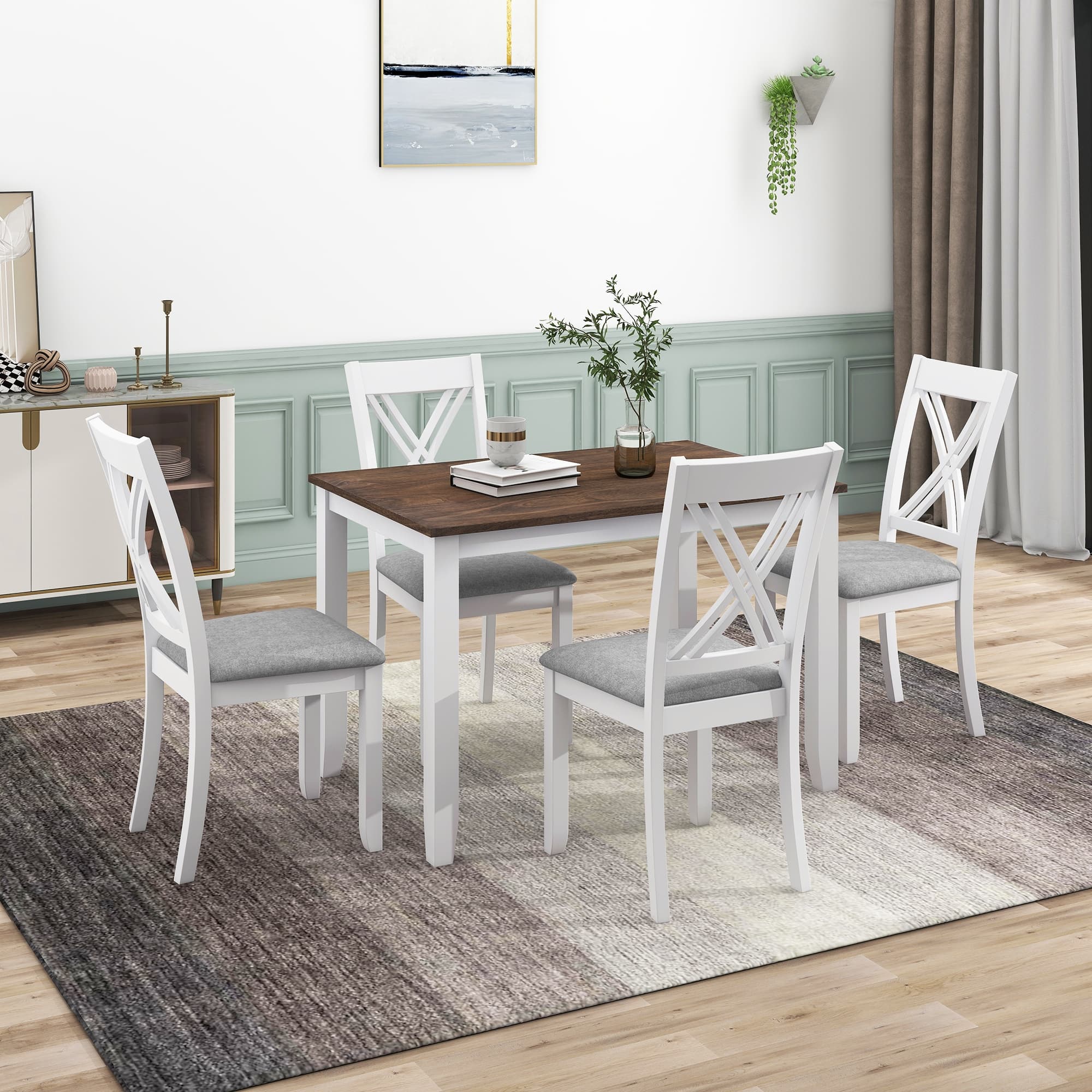 White Rustic Minimalist Wood 5-Piece Dining Table Set with 4 X-Back ...
