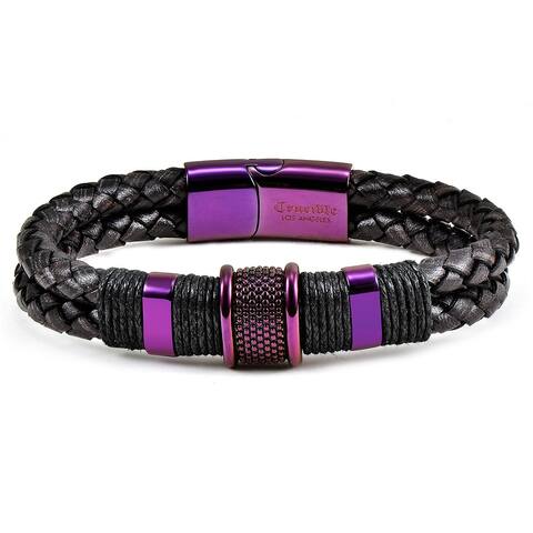 Color Plated Stainless Steel Distressed Black Leather Bracelet - 8.5"