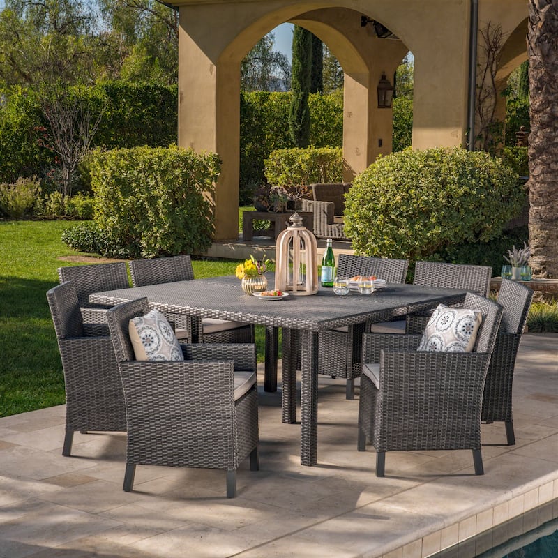 Arcade Outdoor 9-piece Square Wicker Dining Set with Cushions by Christopher Knight Home - Grey