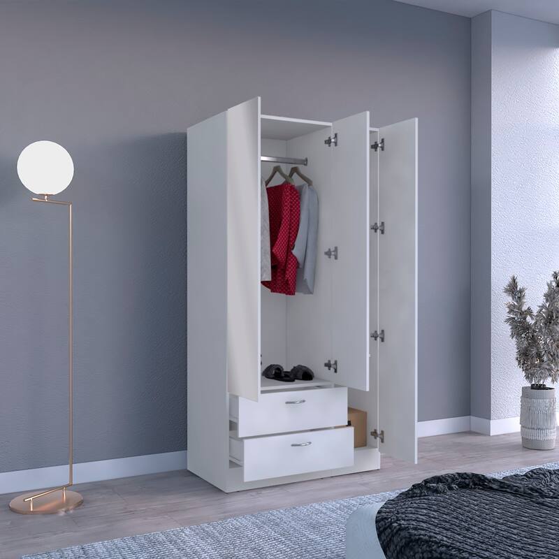 19.7" Modern Mirrored Armoire with Two Drawers, Four Shelves and Hanging Rod