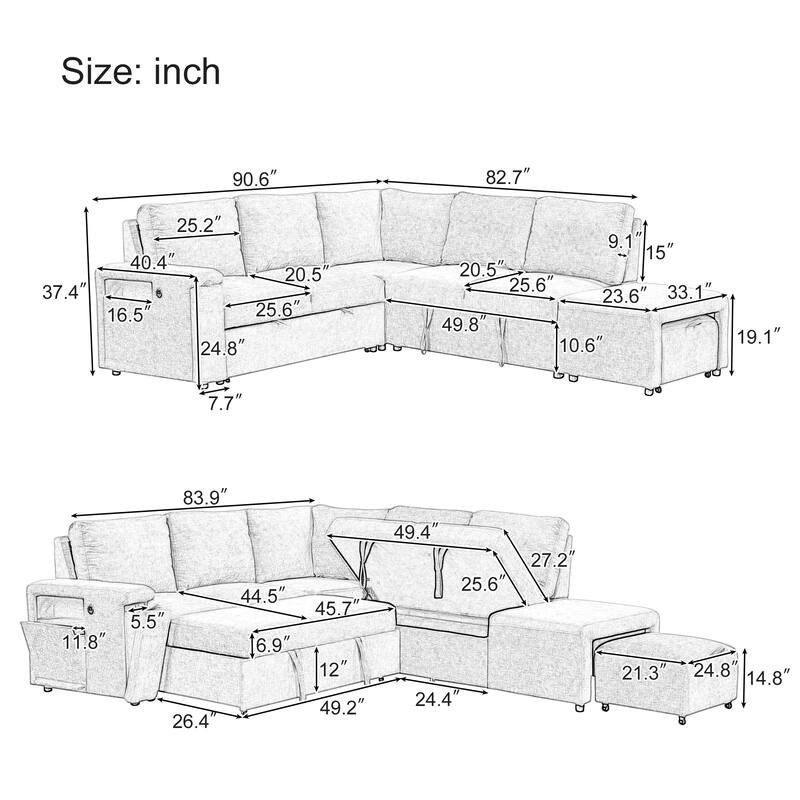 Convertible L-Shaped Sofa Couch with Storage Space, USB Charging Ports, Cup Holders, Sleeper Bed for Modern Living Rooms