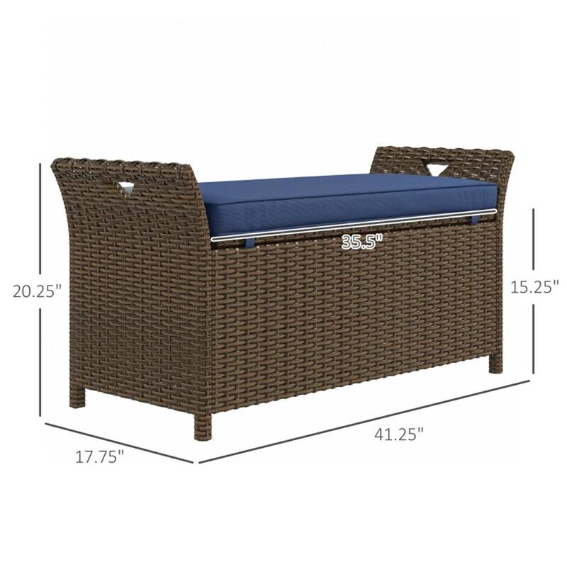 Brown Rattan Outdoor Storage Bench with Cushion and Steel Frame for Poolside or Garden Seating - 43.25" W x 17.75" D x 20.25" H
