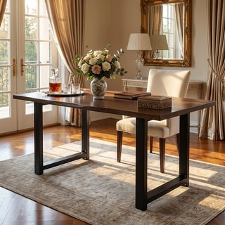 Solid Wood & Iron Dining Table 63 Inch, Wave Edge Wood Top Industrial ...