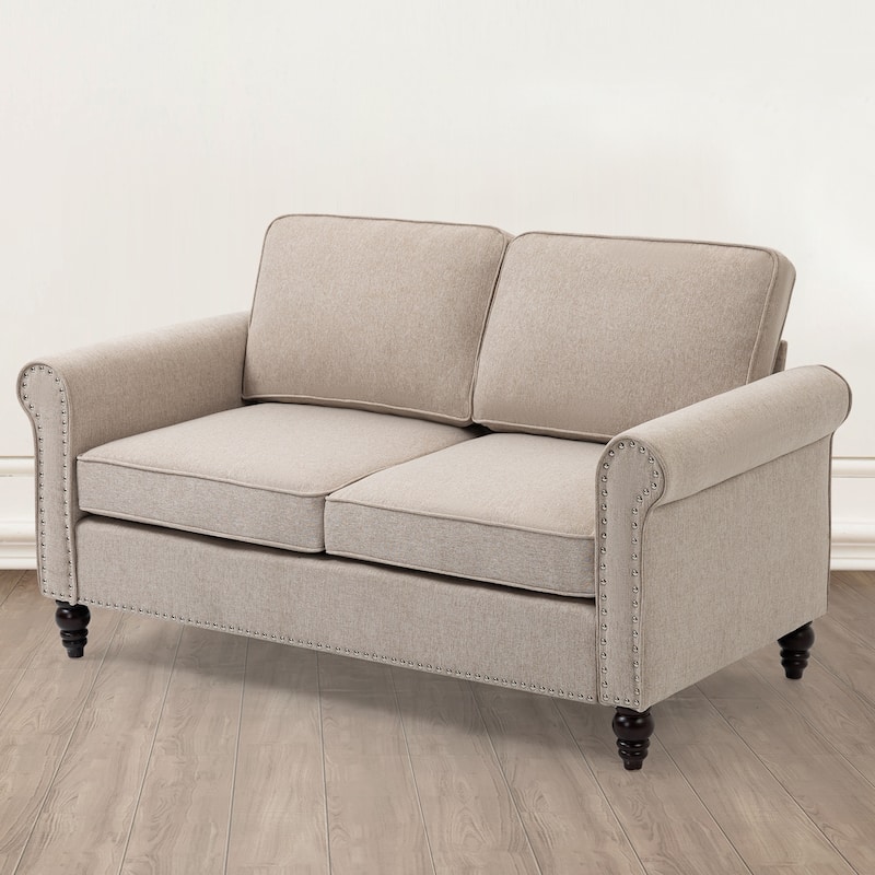 Edgy Love Seat Couches with Rolled Armrests, Upholstered Accent Sofa with Nailhead Decoration, Bedroom Fabric Sofa