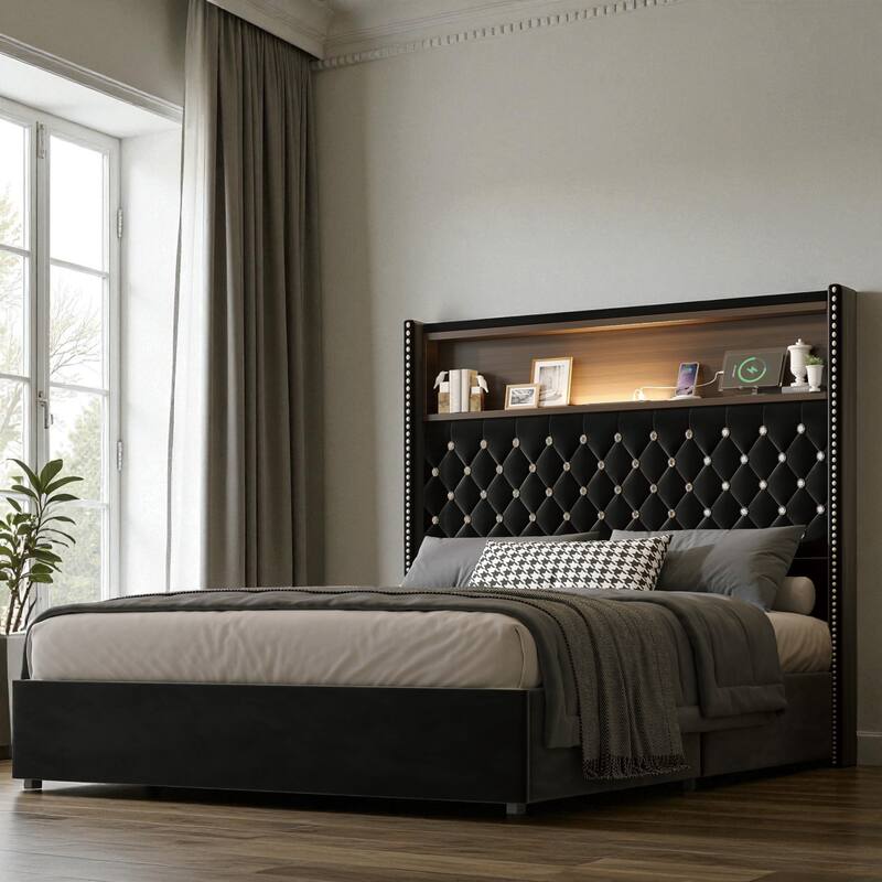 Full/Queen Velvet Tufted Bed Frame with 52" Wingback Headboard, USB Port, Night Light, Rivet Trim & Headboard Shelf