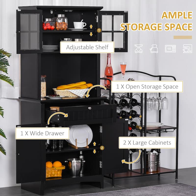 HOMCOM Kitchen Buffet Hutch Wooden Storage Cupboard with Framed Glass Door, Drawer and Microwave Space - 27"x15.75"x64.5"