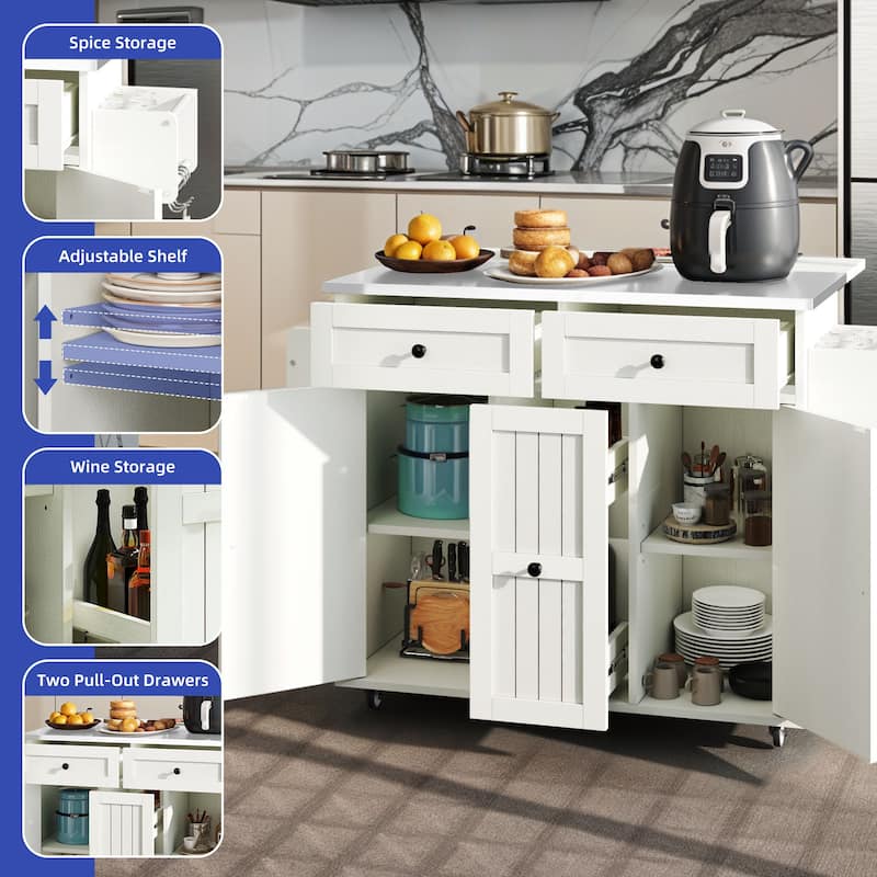 Moasis Wooden Kitchen Island with Drop Leaf Rolling Cart Extra Large Work Surface and Storage Drawers Towel Spice Rack