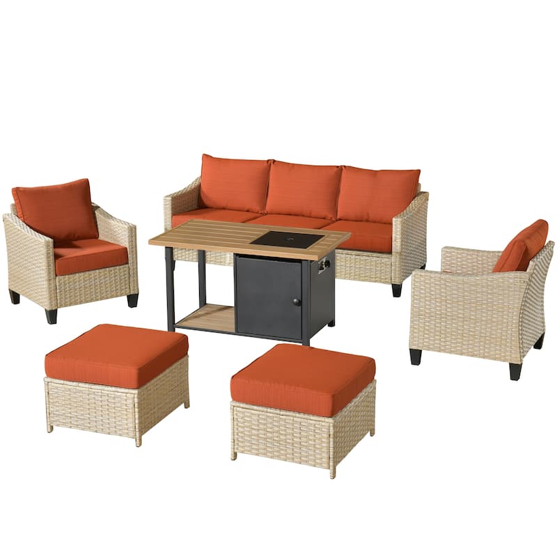 HOOOWOOO Outdoor 6-piece PE Wicker Conversation Patio Set with Fire Pit Table