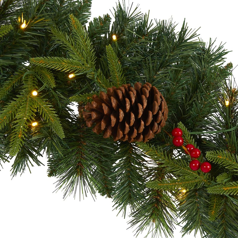 9' Mixed Pine Christmas Garland with 50 Clear LED Lights, Berries