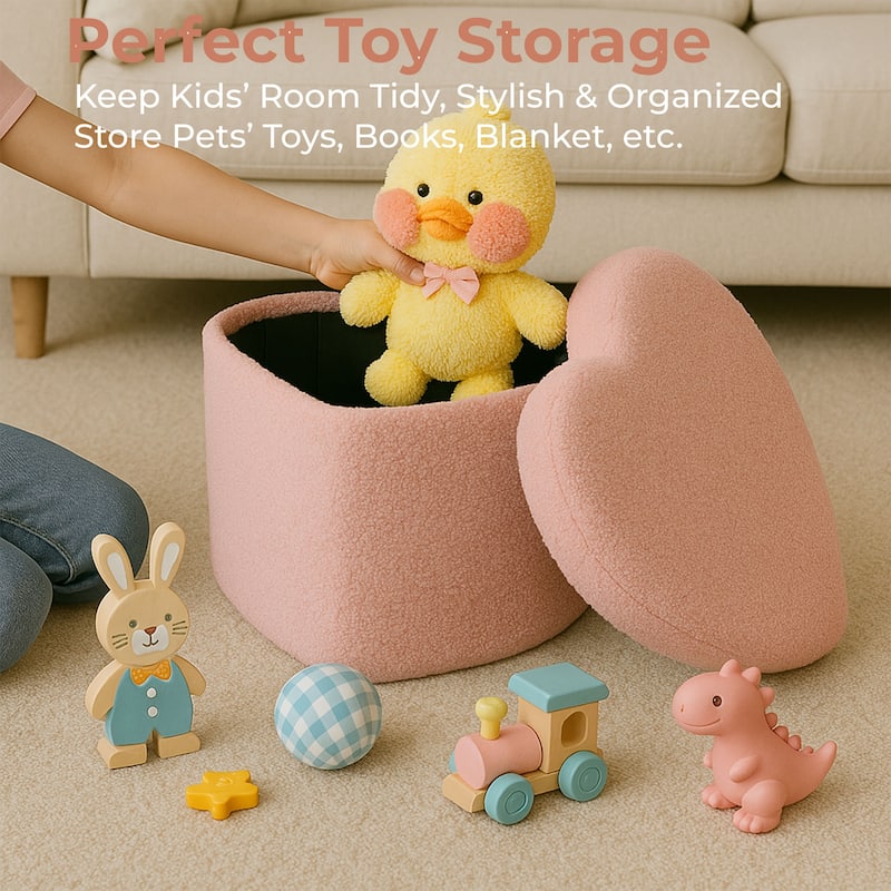 Pink Heart Soft Teddy Boucle Storage Ottoman Foot Stool with Tray Lid