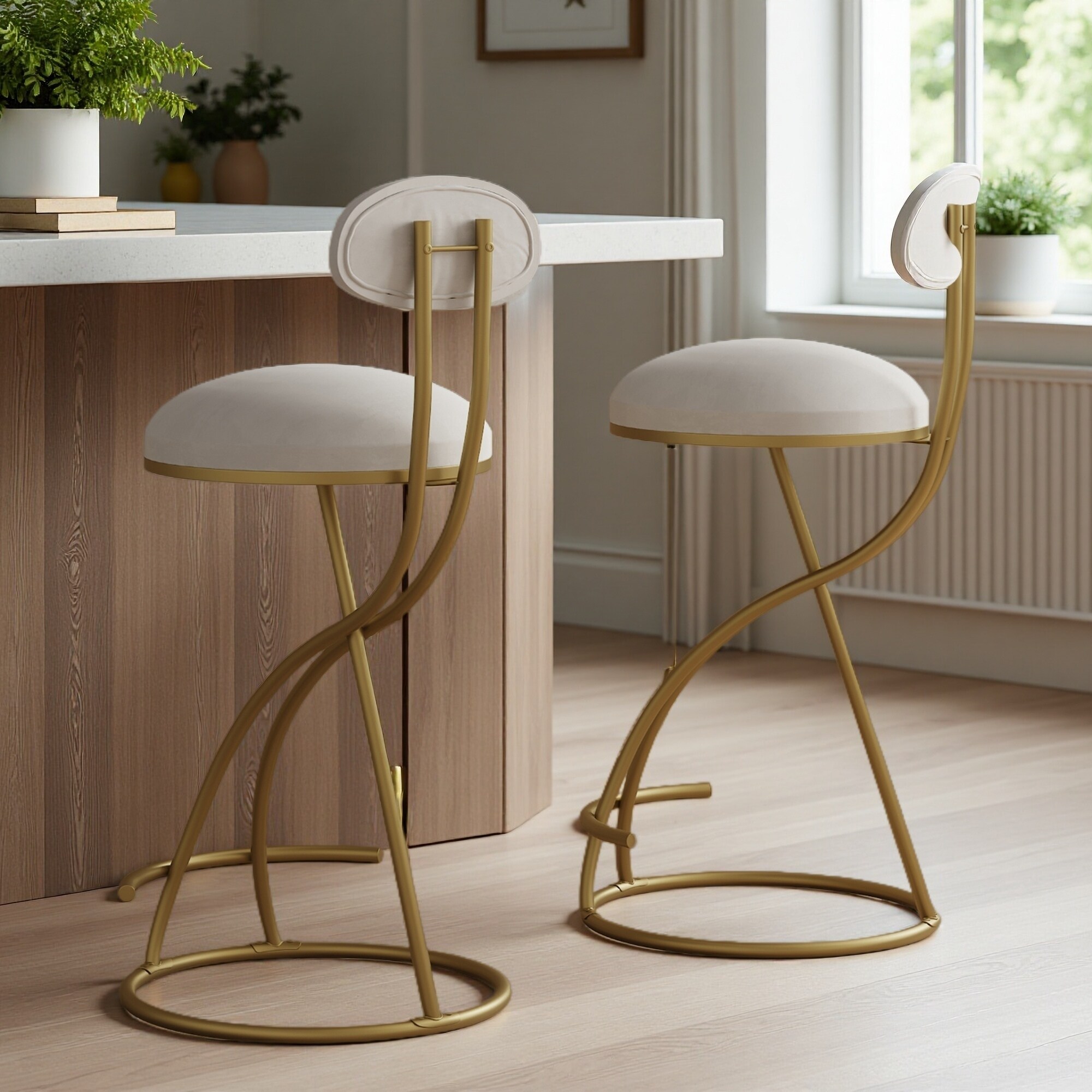 Velvet Round Counter Height Bar Stools with Backrest and Footrest, Set of 2