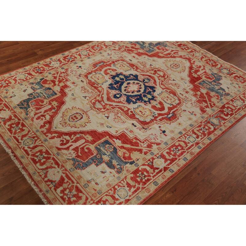 Vegetable Dye Heriz Serapi Oriental Rug Handmade Wool Carpet - 4'11"x 6'9"