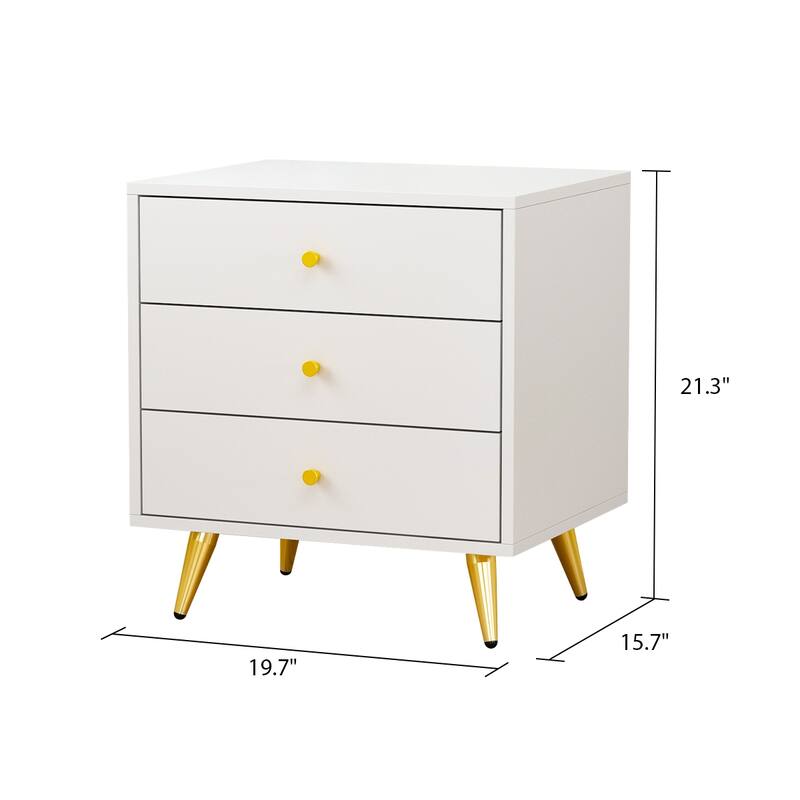 Nightstand Bedside Table 3-Drawer with Metal Legs End Table White