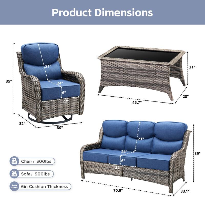 Arcadia 4-Piece Wicker Outdoor Patio Conversation Set with Swivel Gliders and 6-Inch Thick Olefin Cushions