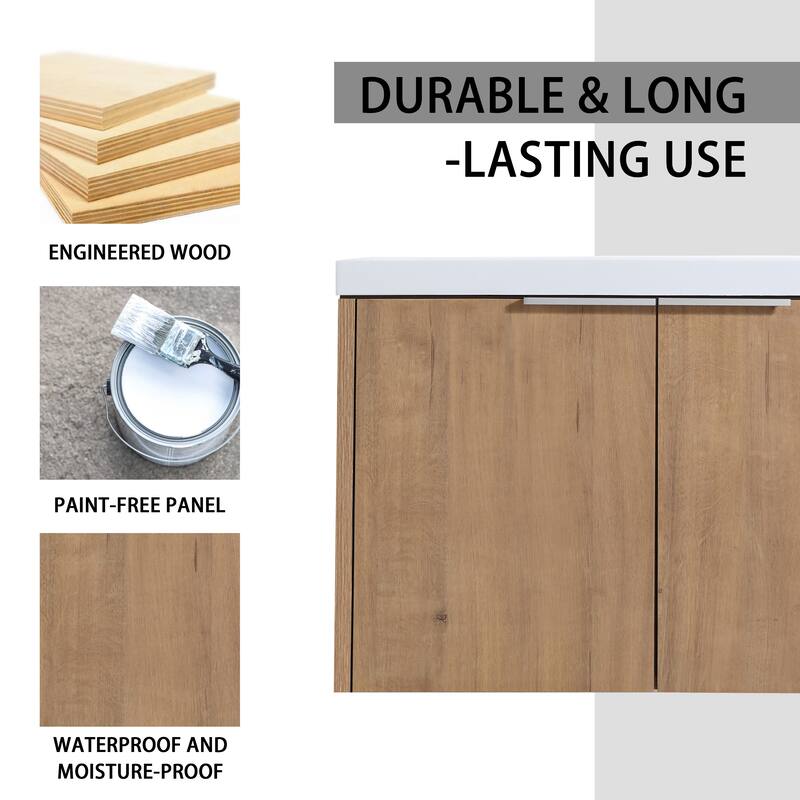 Modern Floating Bathroom Vanity with Single Resin Sink, Soft-Close Doors, Ample Storage, and Luxury Metal Handles