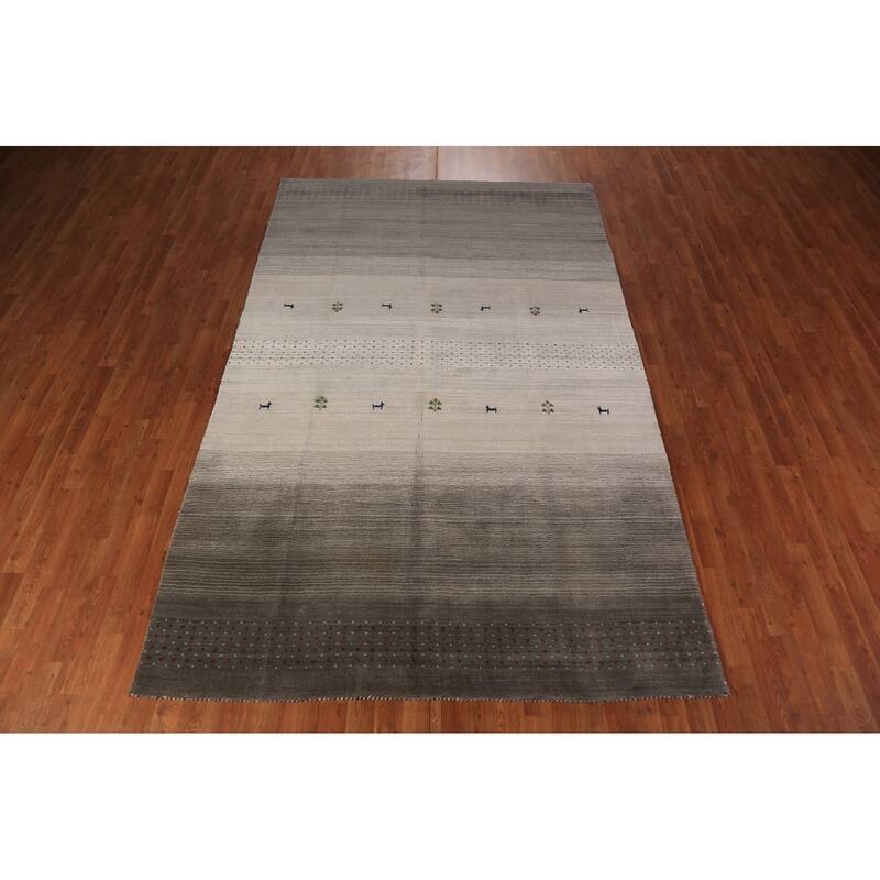 Striped Tribal Gabbeh Oriental Rug Hand-Knotted Beige Wool Carpet - 6'0" x 9'8"