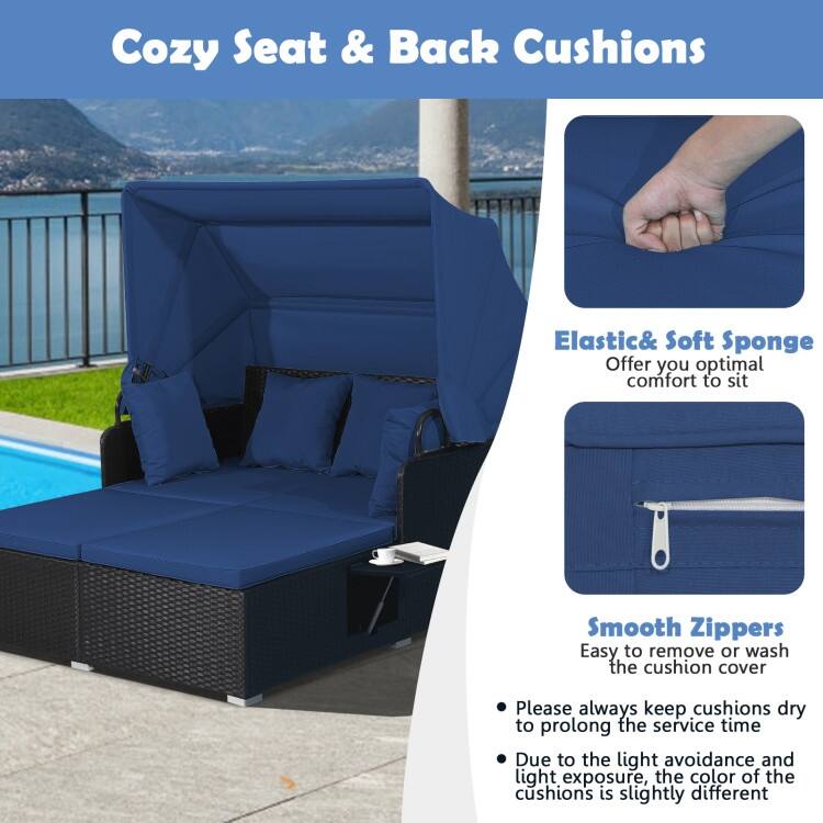 Outdoor Patio Daybed with Canopy and Foldable Side Trays - 65" x 60.5 x 58.5"